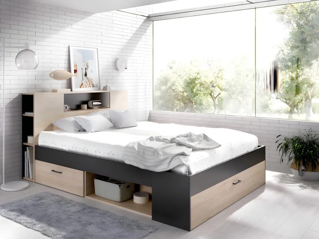 Łóżko ze schowkiem i szufladami - 140 x 190 cm - Kolory: naturalny i antracyt + Stelaż + Materac - LEANDRE