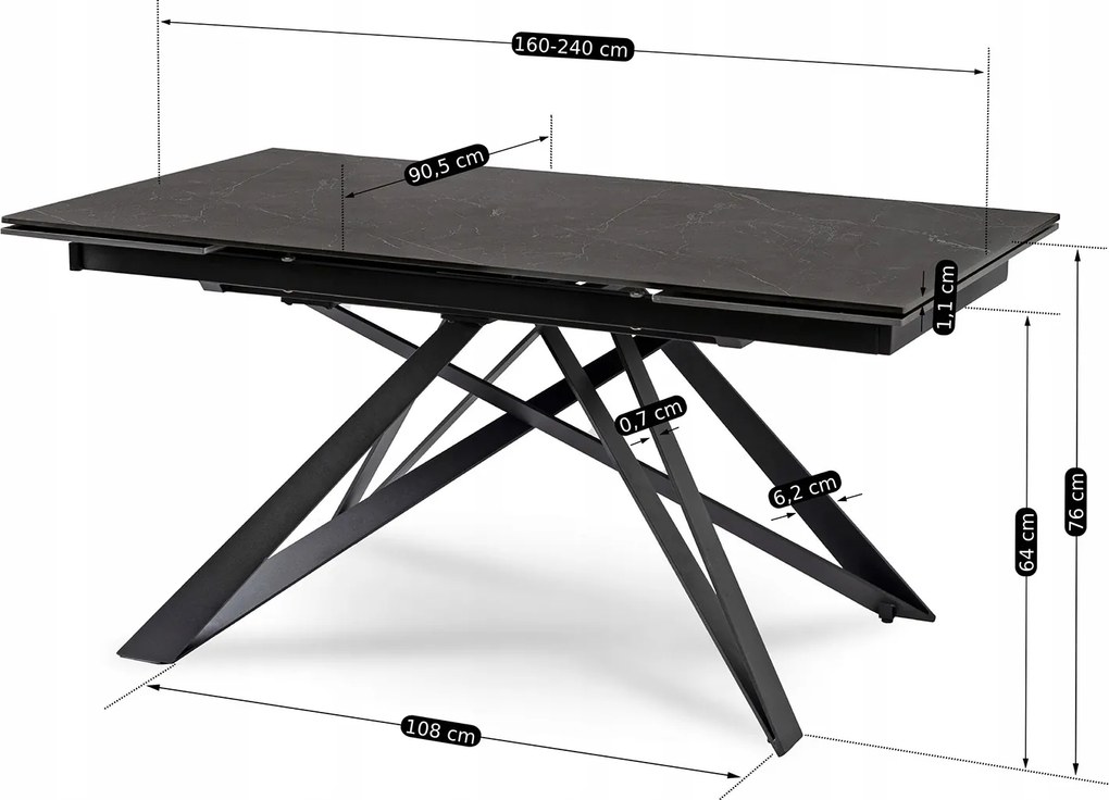 Rozkładany stół z ceramicznym blatem Maxime 160-240 cm czarny marmur