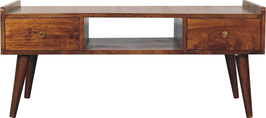 Podwyższony mebel pod telewizor z drewna kasztanowego Artisan Furniture, 2 szuflady, 1 półka, brązowy