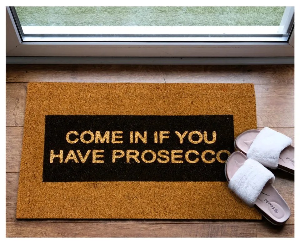 Wycieraczka z naturalnego włókna kokosowego Artsy Doormats Come In If you Have Prosecco Glitter, 40x60 cm