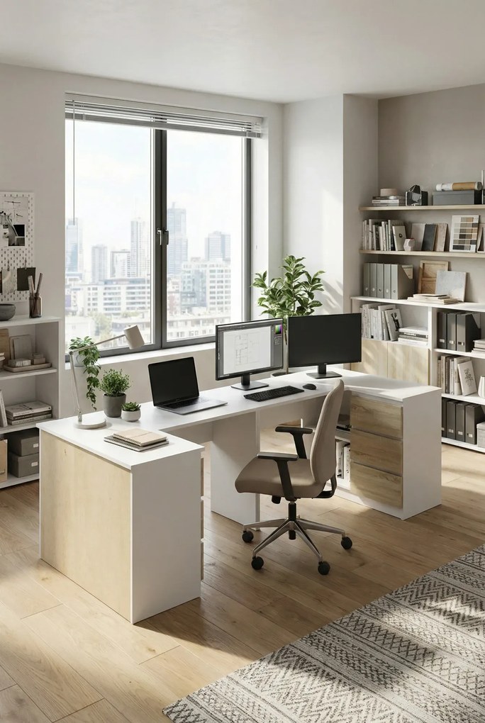 Biurko dwuosobowe komputerowe białe + dąb sonoma T2-D65