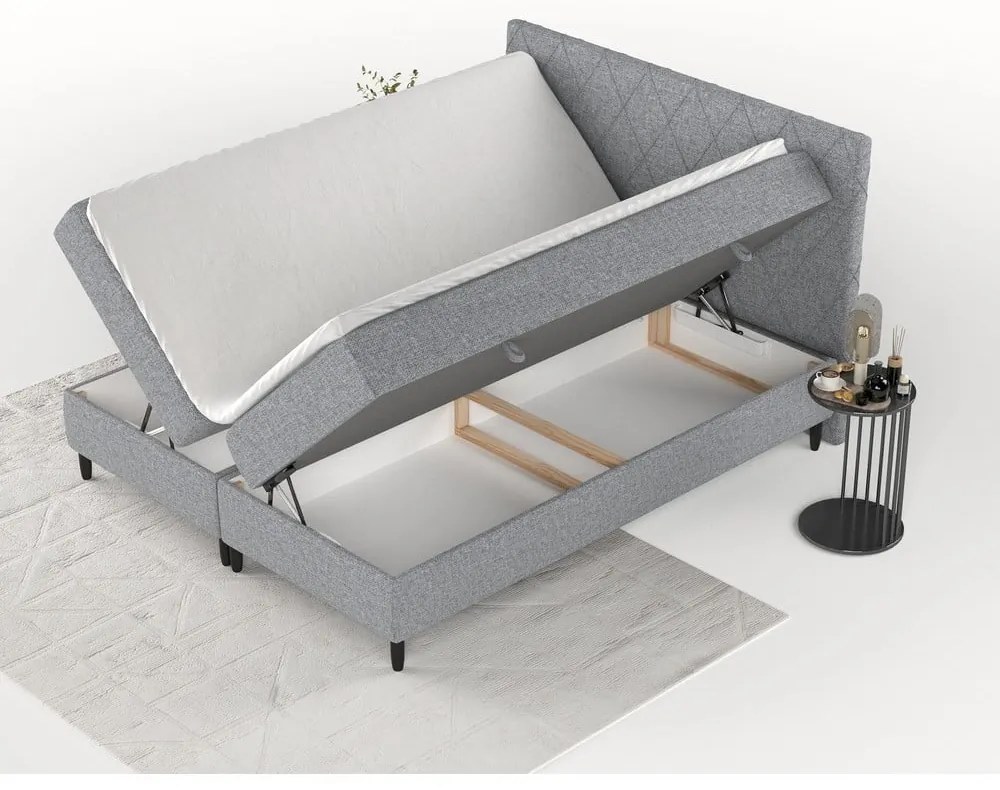 Szare łóżko boxspring ze schowkiem 180x200 cm Gwen – Maison de Rêve