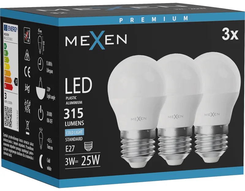 Mexen Nova 3x żarówka LED E27, G45, 3W, Zimna - 6500K, 315 lm - L101-E27-0365-01x03