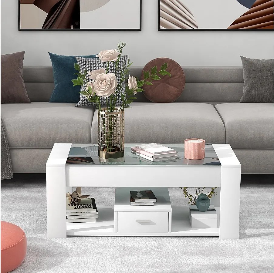 Stolik kawowy z blatem szklanym - 100 x 50 x 40 cm - z szufladą i schowkiem - płyta wiórowa - biały