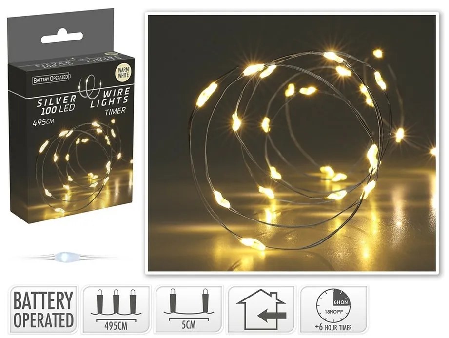 Drut świetlny z timerem Silver lights 100 LED, ciepła biała, 495 cm