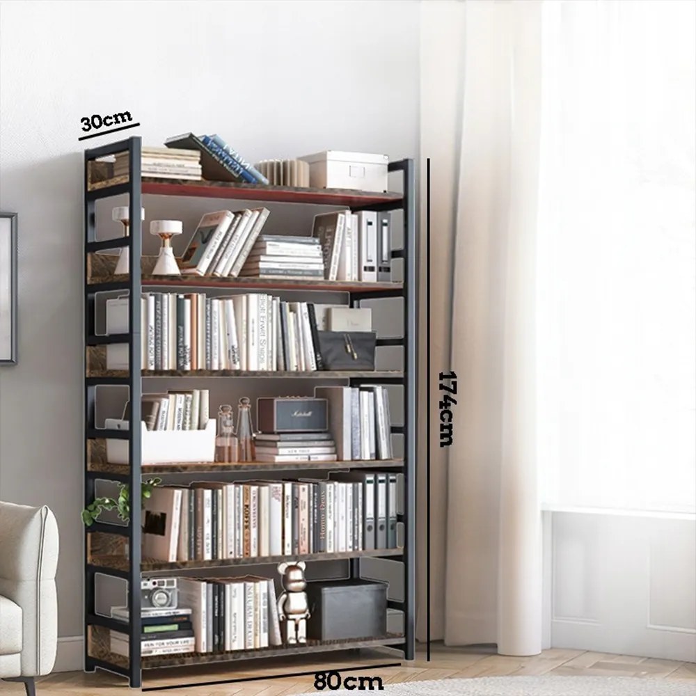 Biblioteczka w stylu industrialnym rustykalnym z połączeniem metalu i drewna – 174x80x30 cm, 6 półek.