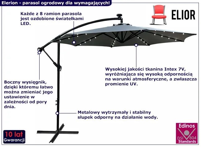 Jasnoszary parasol ogrodowy z oświetleniem LED - Sorena