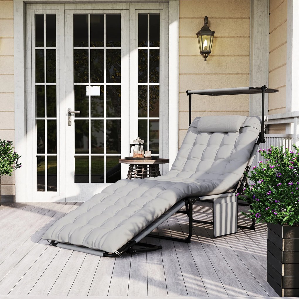 Outsunny Składany leżak ogrodowy z daszkiem, materacem, regulowanym oparciem w 4 pozycjach, Jasnoszary