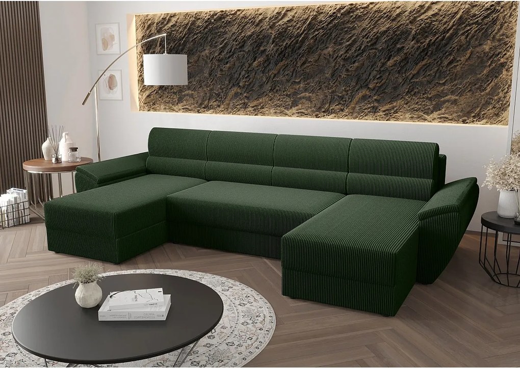 BEDANTE narożnik REBIU2 Poso 14 ciemnozielony z funkcją spania sofa w kształcie litery U z pojemnikiem na pościel