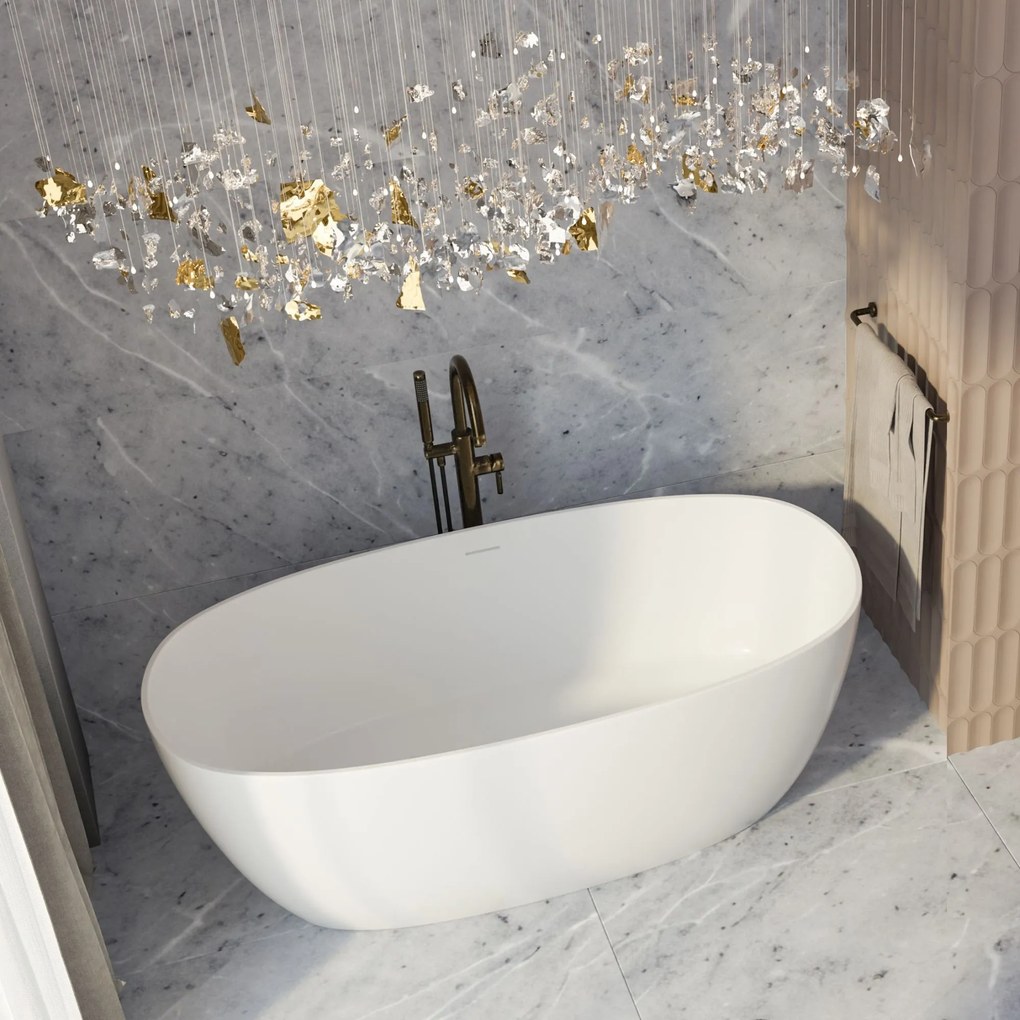 Wanna wolnostojąca VALO owalna biała z konglomeratu 165 x 75 cm bez przelewu cienki rant | Różne kolory korków : Kolor korka - Złoty