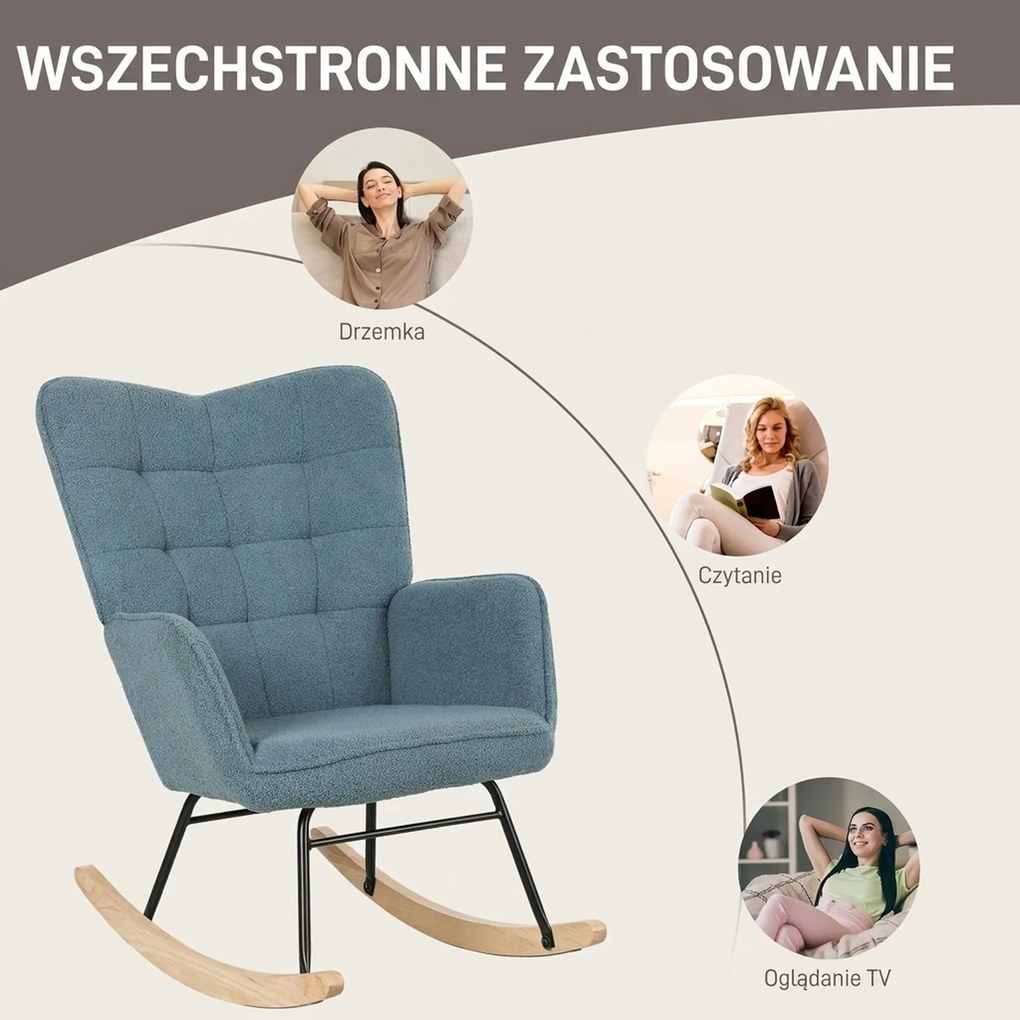 HOMCOM Fotel bujany ergonomiczny z drewnianymi płozami do 120 kg jasnoniebieski | Aosom PL