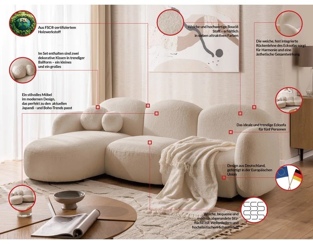 Jasnobrązowy narożnik z materiału bouclé (lewostronny/z szezlongiem) Orbit – Ropez