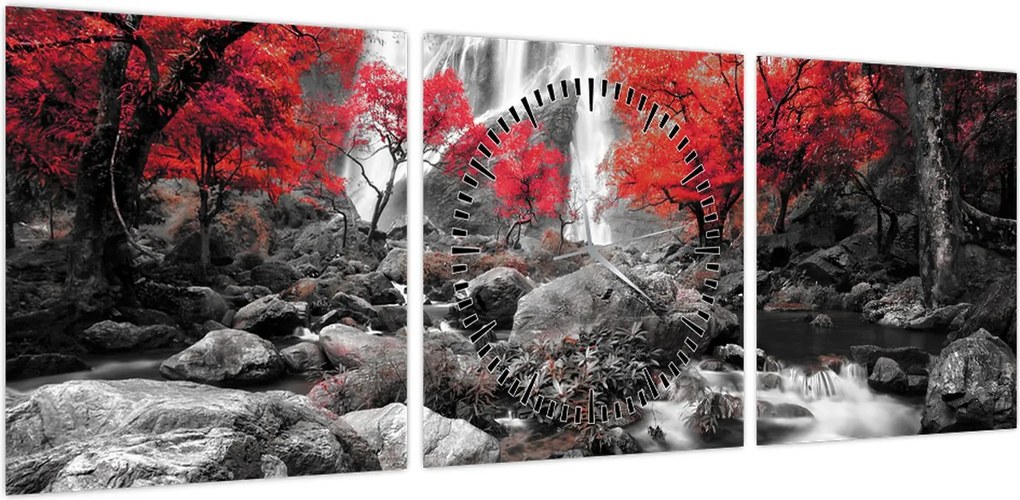 Obraz - Wodospady w jesiennym krajobrazie (z zegarem) (90x30 cm)