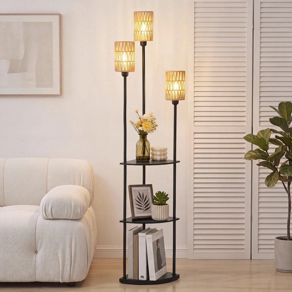 HOMCOM Lampa stojąca Boho 3-płomienna, 3 półki, klosz z papierowego sznura, czarna | Aosom PL