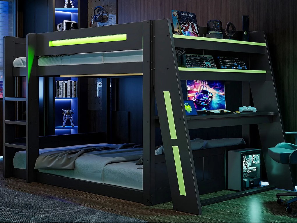 Łóżko piętrowe drewniane 140 x 200 cm - Z biurkiem, podwójną półką - Port USB i oświetlenie LED - MDF - czarno-zielone (bez materaca)