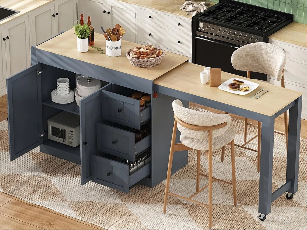 Centralna wyspa kuchenna - stół rozsuwany - z 1 portem USB i 1 portem Type-C - z półką na przyprawy i kółkami - Naturalny + Szary