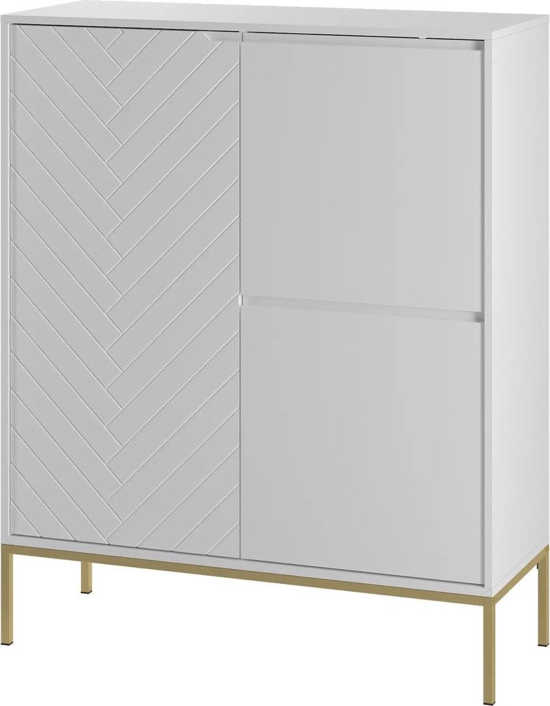 Wysoka komoda glamour w jodełkę Aspen 07 biały mat/złoty