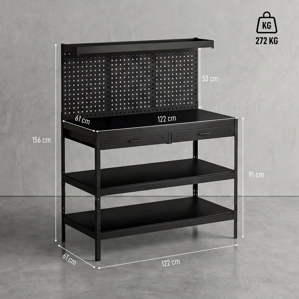 HOMCOM Stacja robocza z regulowanymi półkami, solidna stacja robocza z perforowaną płytą i 2 szufladami, 122 x 61 x 156 cm, Czarna | Aosom PL