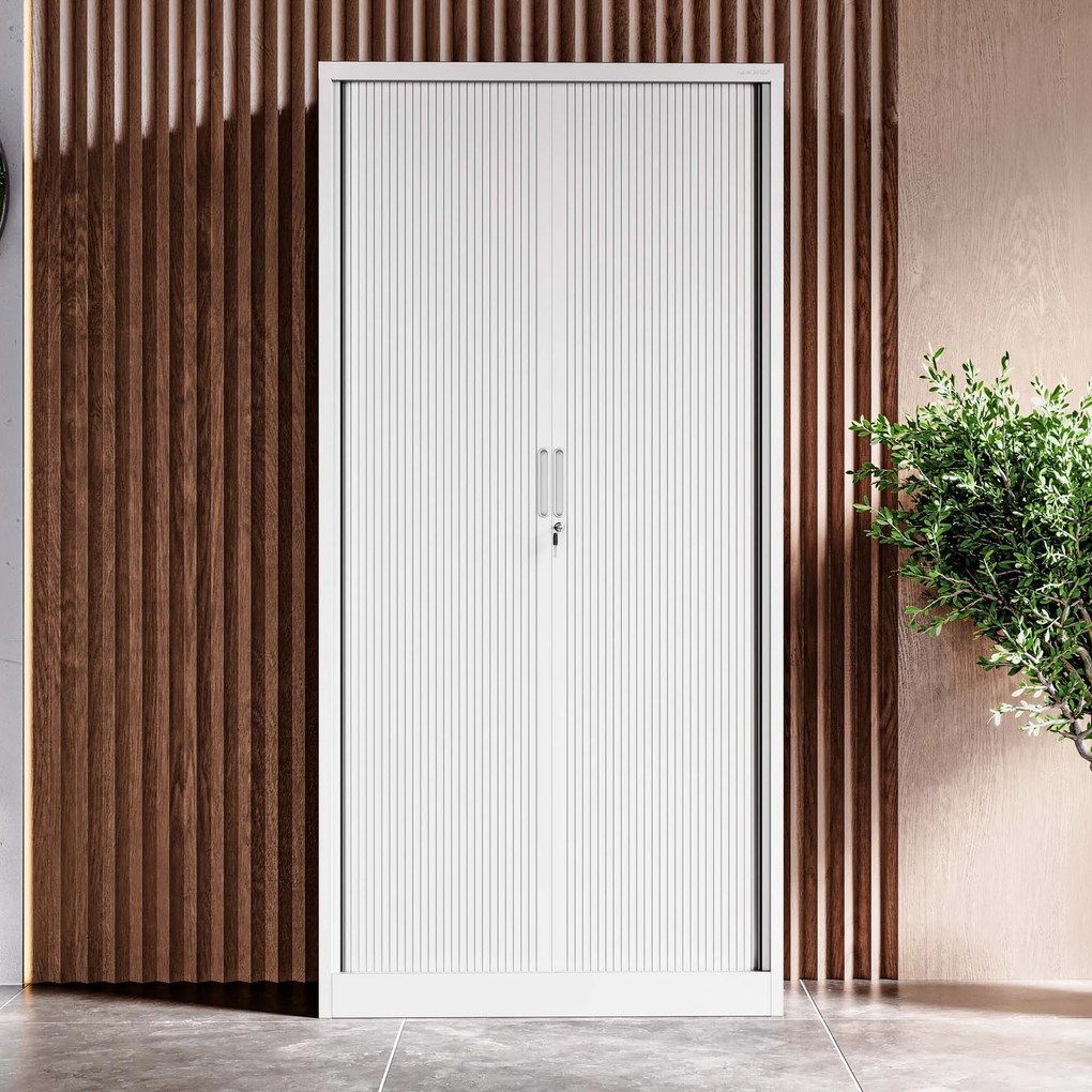 Metalowa szafa biurowa na akta z roletą DAMIAN, 900 x 1850 x 450 mm, biała