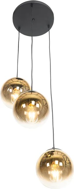 Lampa wisząca w stylu art deco czarna ze szklanymi kulami w kolorze złotym, okrągła, 3-światłowa - Pallon