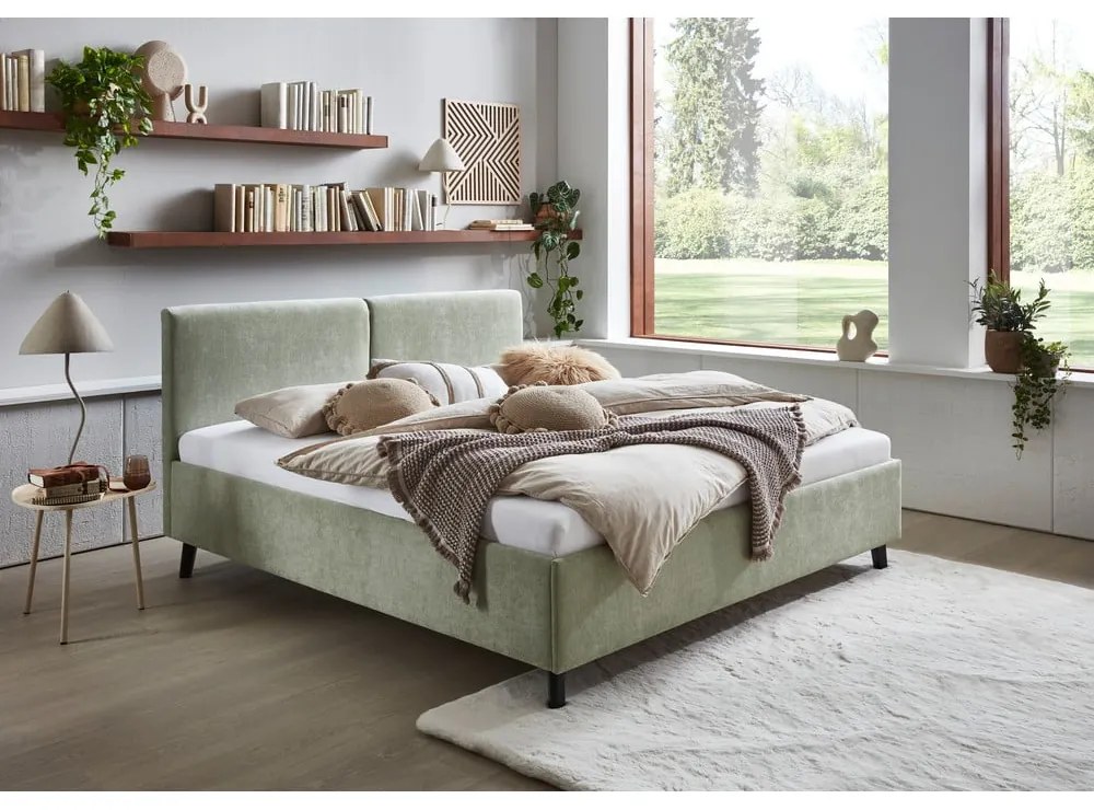 Jasnozielone tapicerowane łóżko dwuosobowe ze stelażem 160x200 cm Piano – Meise Möbel