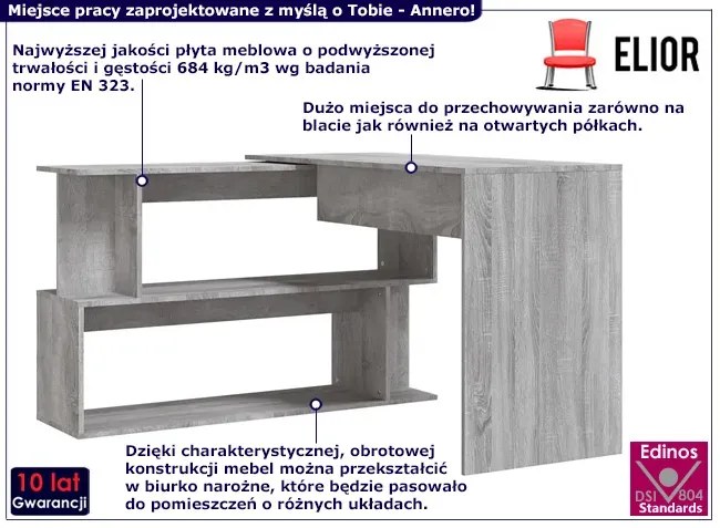 Narożne biurko z półkami szary dąb - Rakas
