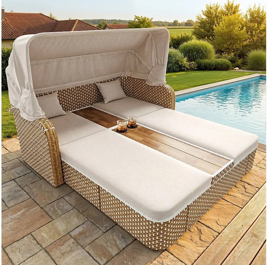 Salon ogrodowy - Leżak bujany - kanapa ogrodowa - ze stali ocynkowanej - 2 osoby - Drewno akacjowe - z regulowanym Parasolem - beżowy