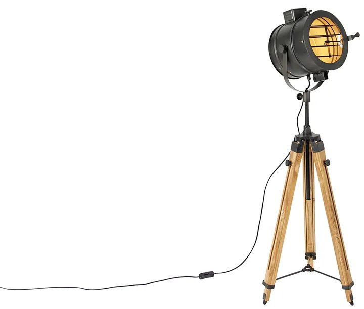 Lampa podłogowa na trójnogu czarna z drewnianym kloszem - RadientPrzemysłowy Oswietlenie wewnetrzne