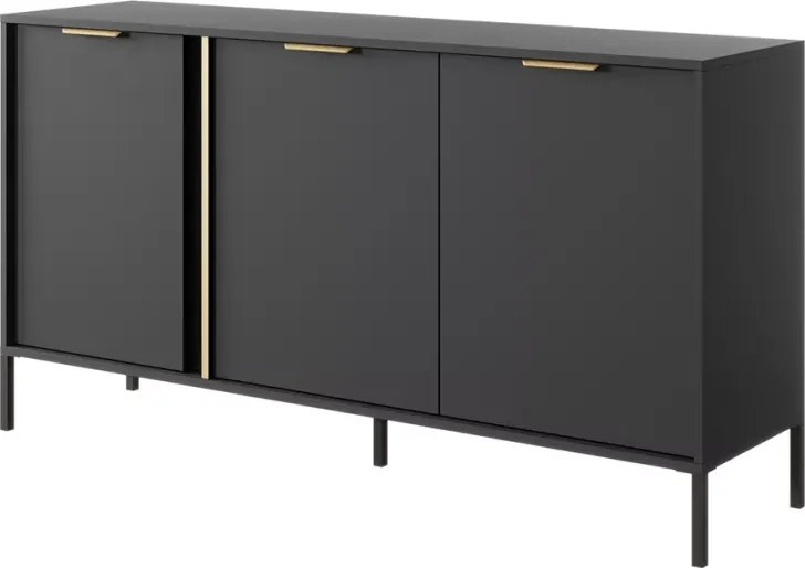 Komoda Zante III – elegancka komoda w kolorze antracytowym ze złotymi detalami, 3-drzwiowa na czarnych nogach