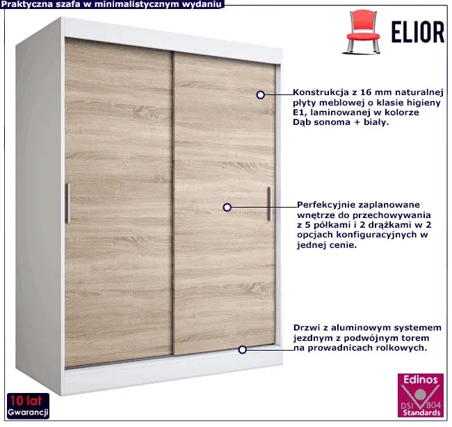 Szafa przesuwna 150 cm biała + dąb sonoma- Erco 4X