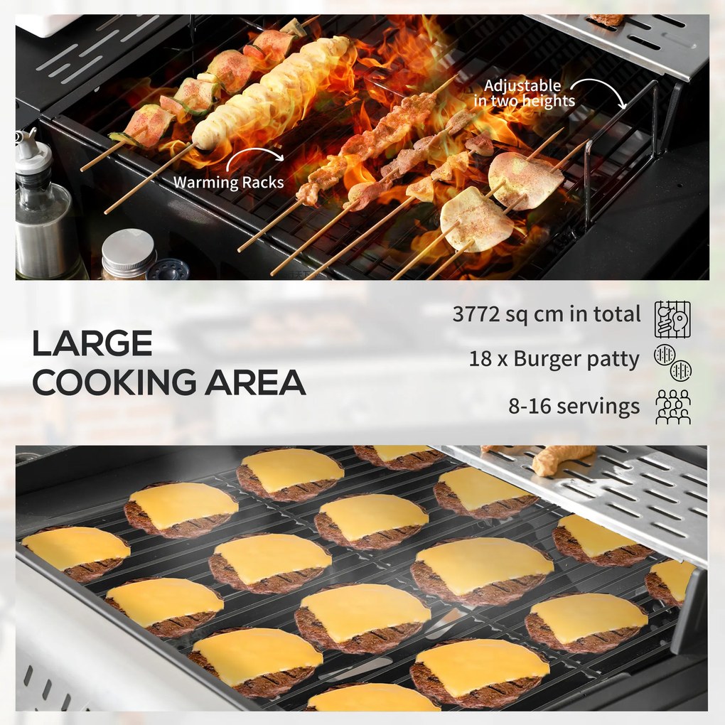 Outsunny Grill gazowy BBQ-Grill, z termometrem, płytkami podgrzewającymi, 161 x 53 x 101 cm, Czarny + Srebrny