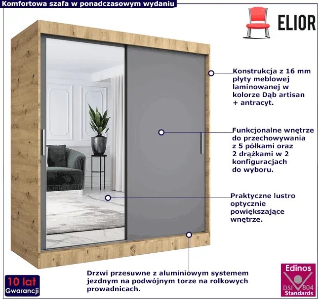 Szafa przesuwna dąb artisan + antracyt 180 cm - Seko 5X
