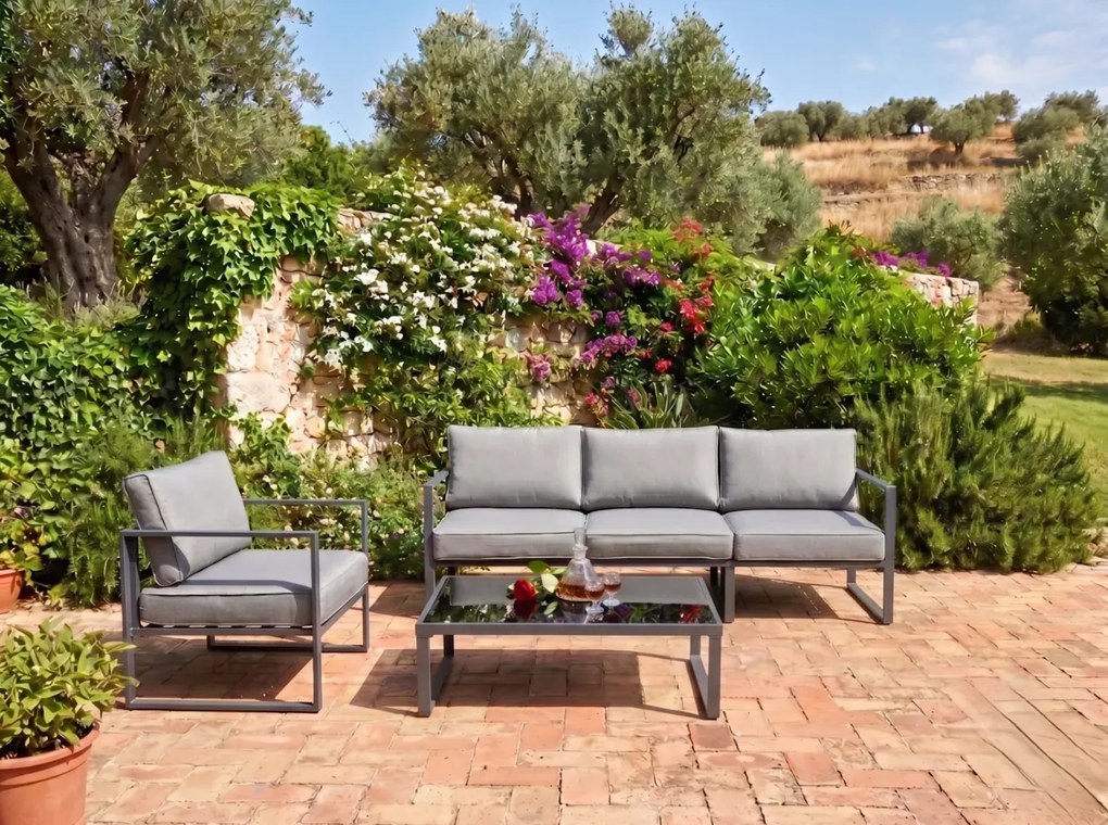 Zestaw Mebli Ogrodowych (Duża 3os. sofa, fotel i stolik) MOSTRARE szary, aluminium