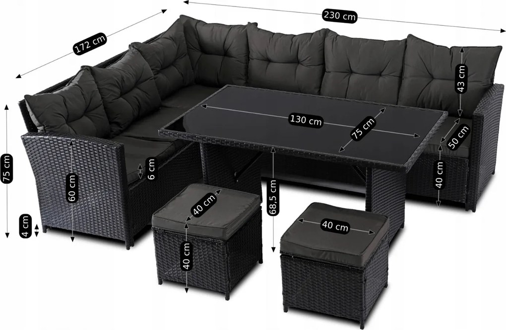 Zestaw mebli ogrodowych Dallas - narożnik, pufy i stół obiadowy, czarny/ciemnoszary