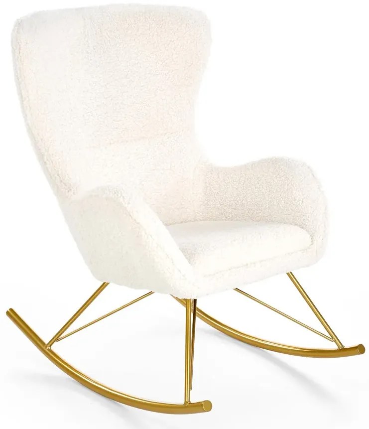 Kremowy fotel bujany boucle na złotej podstawie A7-R93