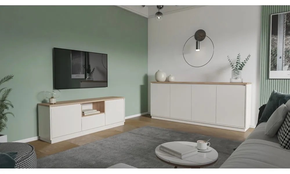 Beżowa szafka pod TV w dekorze dębu 161x55x40 cm Loreta – Marckeric