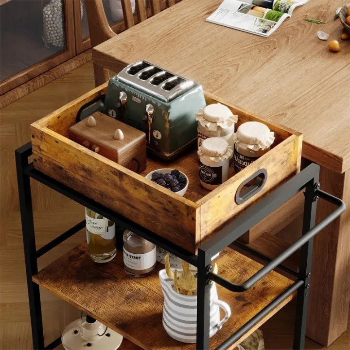 Wózek Kuchenny na Kółkach Brązowy 86 cm – Zdejmowana Taca Vintage Loft