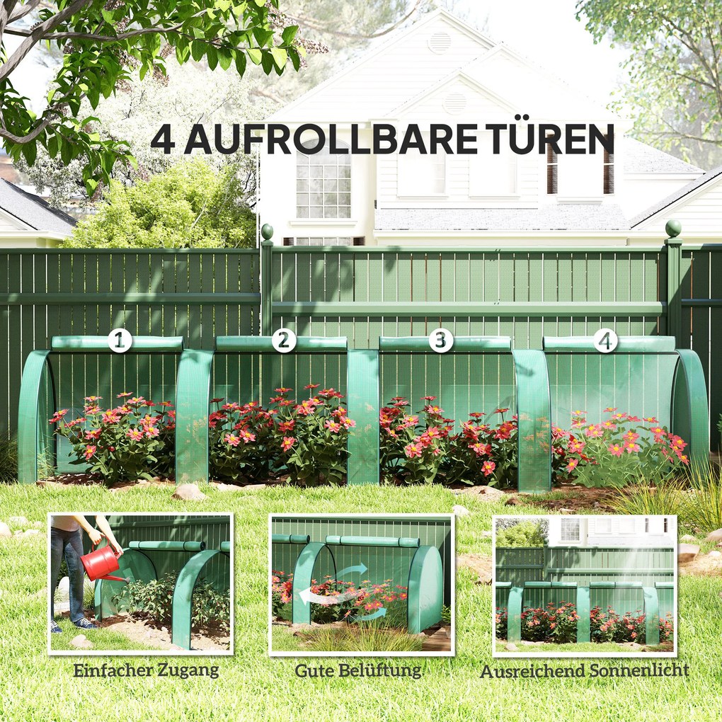 Outsunny Tunel foliowy, 4 okna na zamek błyskawiczny, stalowy stelaż, wytrzymały pokrowiec, 395 x 100 x 80 cm, Zielony