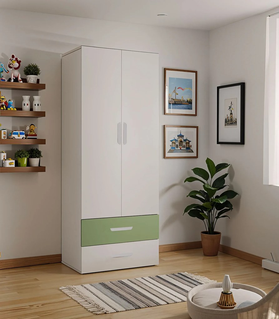 Dwudrzwiowa szafa z 2 szufladami dla dzieci kaszmir + zielony G9-L92