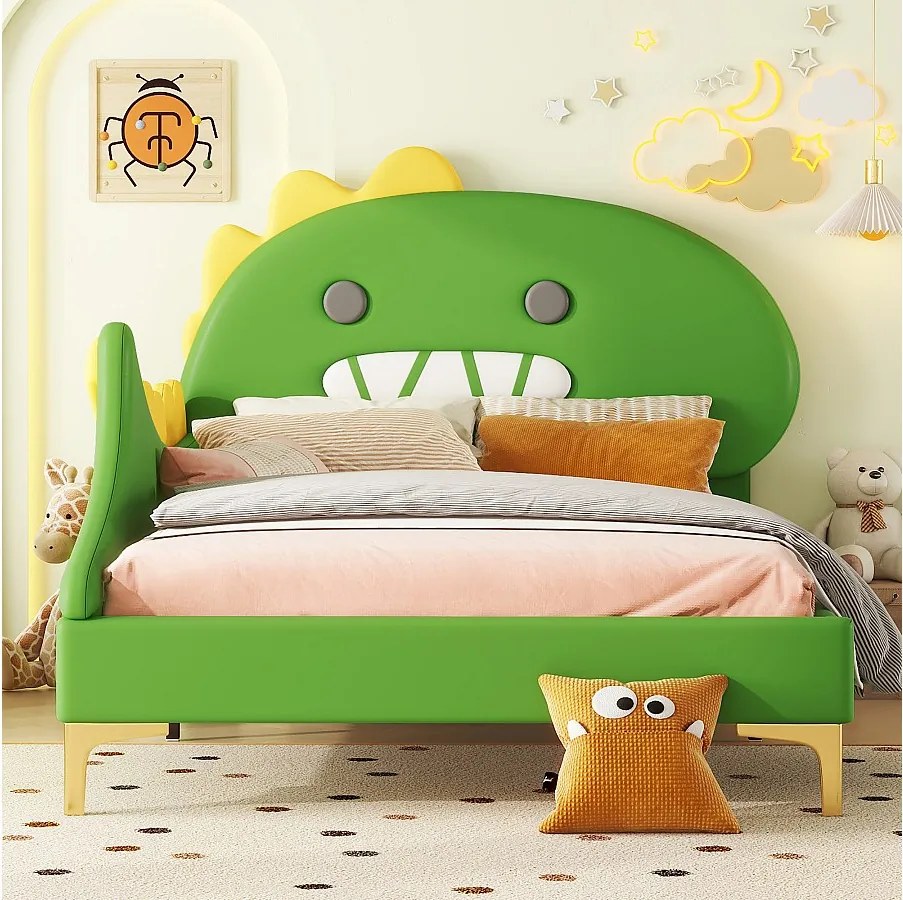 Łóżko dziecięce z motywem kreskówkowym - 90 x 200 cm - rama łóżka platformowego - PU - zielone