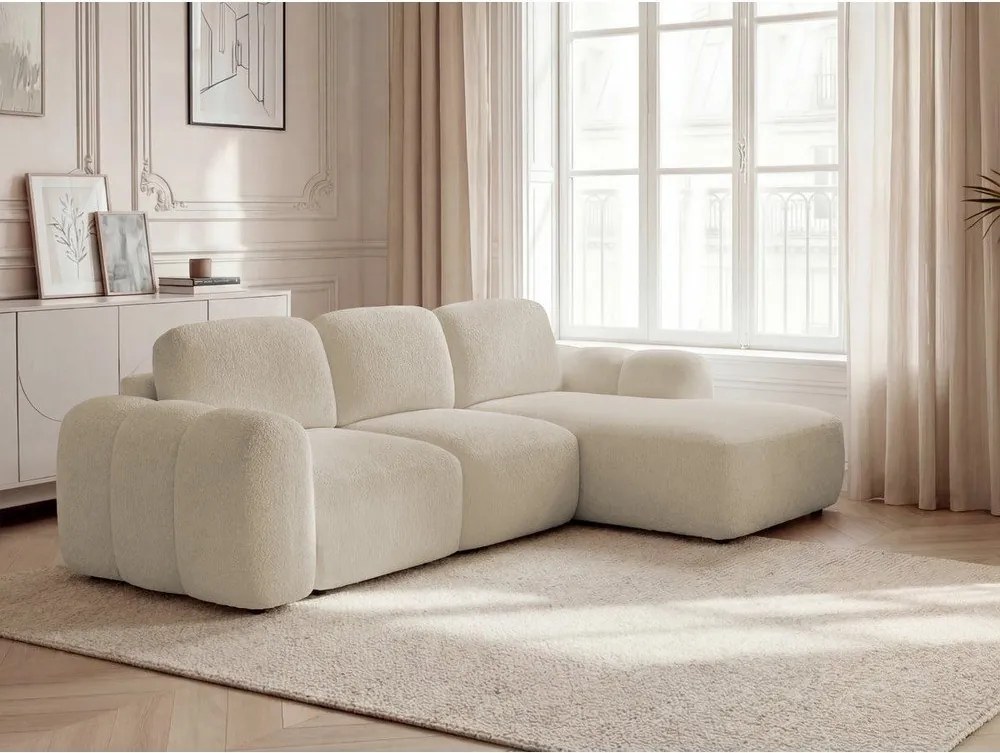 Beżowy rozkładany/ze schowkiem narożnik z materiału bouclé (prawostronny/z szezlongiem) Montaigne – Bobochic Paris