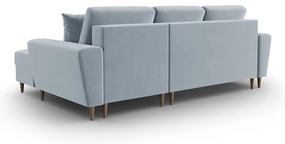 Jasnoniebieski aksamitny rozkładany narożnik ze schowkiem (prawostronny/z szezlongiem) Kyoto – Cosmopolitan Design