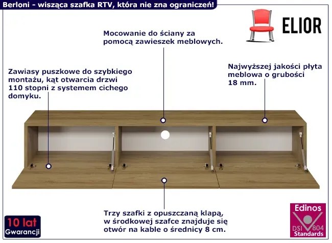 Wisząca szafka RTV bez uchwytów dąb hikora Z6-C04