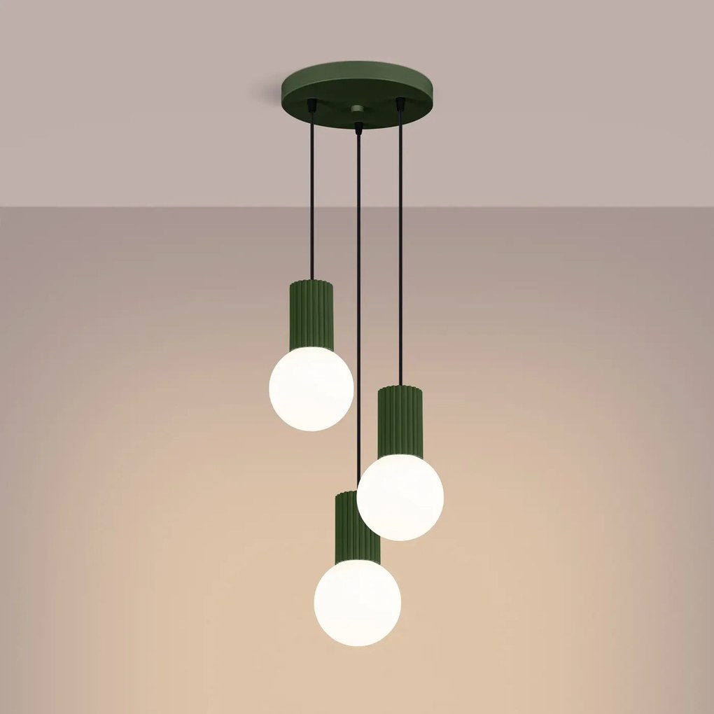 Lampa wisząca HALO 3P zielona oliwka ryflowana SOLLUX  LIGHTING