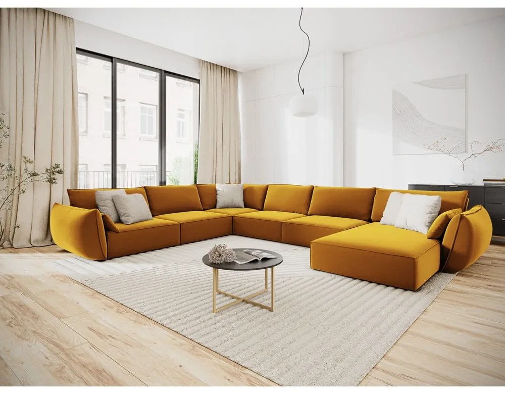 Musztardowy aksamitny narożnik (lewostronny/w kształcie litery U) Vanda – Mazzini Sofas