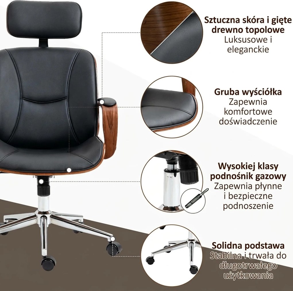 Vinsetto Ergonomiczny Fotel Biurowy z Wysokim Oparciem, Odczepianym Zagłówkiem do Domowego Biura, Czarny | Aosom PL