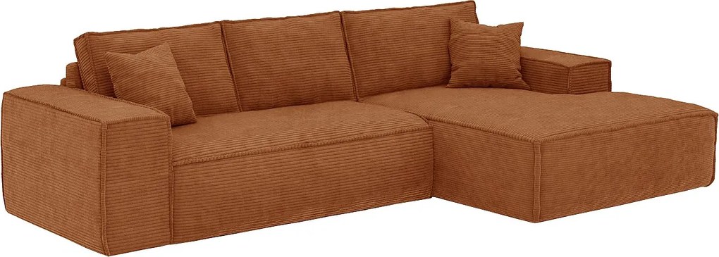 Kanapa narożna prawostronna typu express ze sztruksu weluru w kolorze terakoty - pow. spania 140 cm - Materac 13 cm z pamięcią kształtu - AMELIA