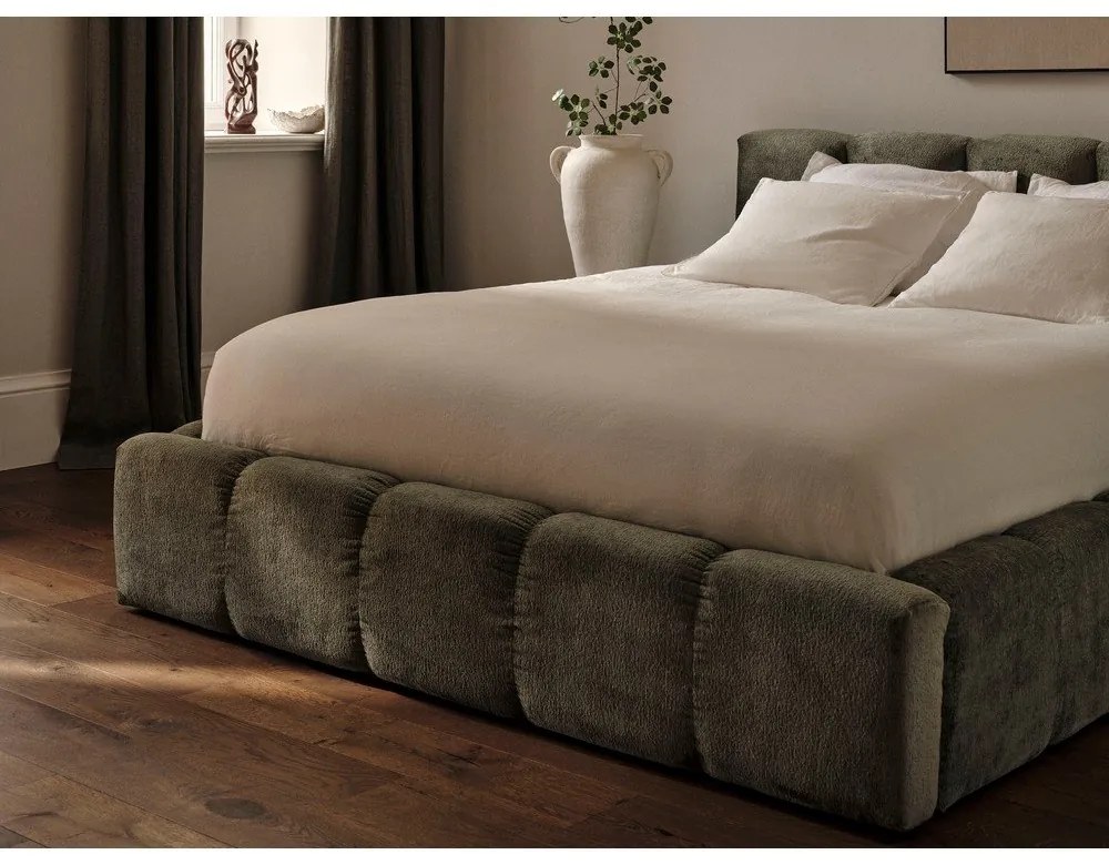 Zielone tapicerowane łóżko dwuosobowe ze schowkiem i stelażem 200x200 cm Lupine – Micadoni Home