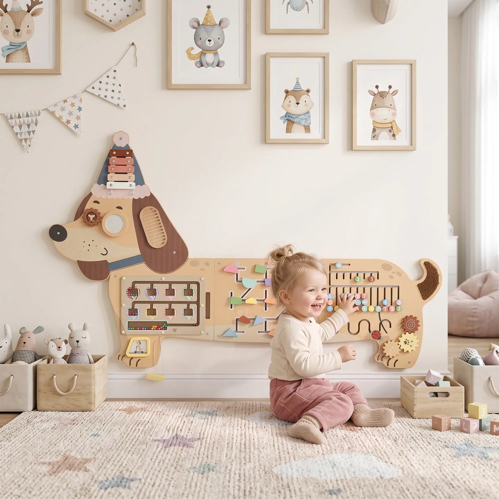 AIYAPLAY Montessori panel motoryczny drewniany Busy Board w kształcie jamnika montowany na ścianie z ksylofonem, zębatkami i bębenkiem | Aosom PL