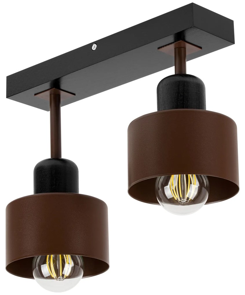 Brązowo-czarna lampa sufitowa, dwupunktowy spot DBR30x7SC z drewna i m